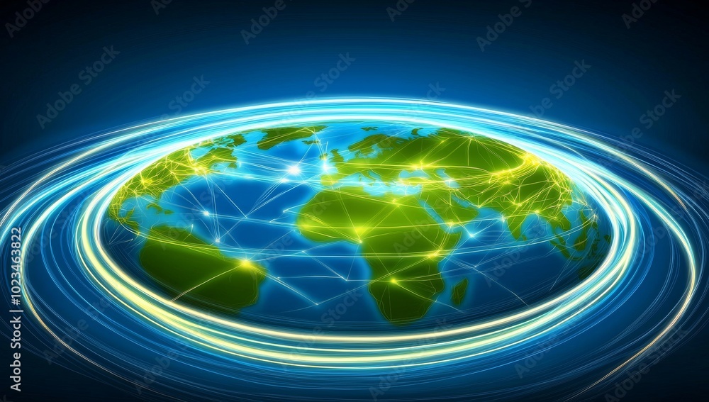 Poster digital map of the world with glowing connections between cities representing global connectivity