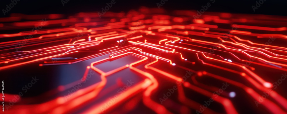 Poster futuristic red circuit board design showcasing intricate patterns and glowing lines, representing ad