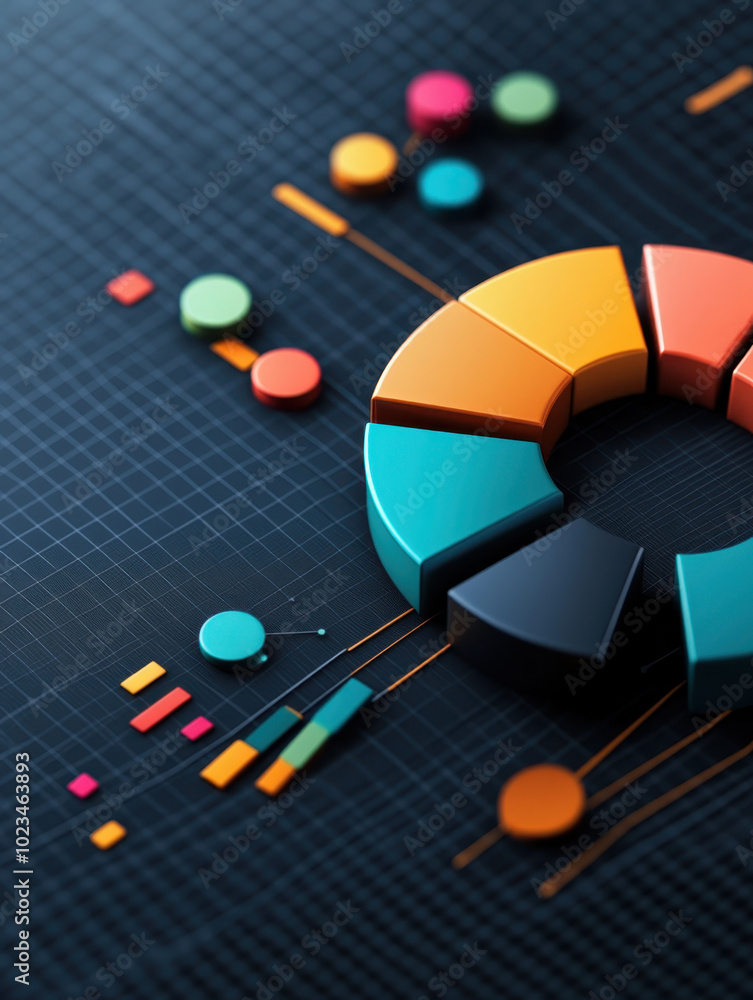 Poster futuristic data visualization featuring segmented pie chart with vibrant colors and dynamic elements