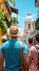 Exploring vibrant street, group of tourists follows local guide under sunny sky, immersing themselves in rich culture and history of area