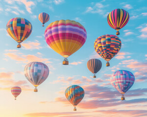 Obraz premium Colorful hot air balloons fill sky at sunrise, creating vibrant and joyful scene. balloons showcase various patterns and colors, enhancing beauty of morning sky