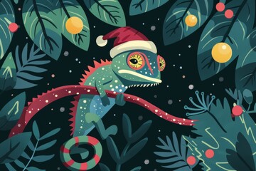 Fototapeta premium Festive chameleon in santa hat among lush foliage