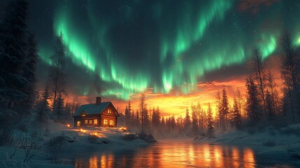 Fototapeta premium Cabin Under the Northern Lights