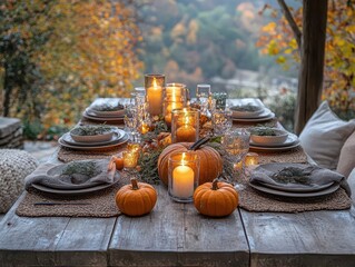 an inviting outdoor thanksgiving table adorned with seasonal pumpkins and glowing candles, set against a backdrop of autumn foliage, evoking warmth and togetherness