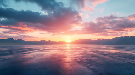 Obraz premium Mountain Silhouette at Sunset Over a Calm Sea - Realistic Image