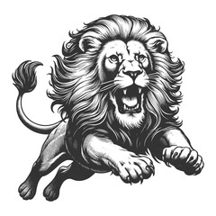 Obraz premium lion in a powerful pouncing position, with a flowing mane, drawn in an engraving style sketch engraving generative ai vector illustration. Scratch board imitation. Black and white image.