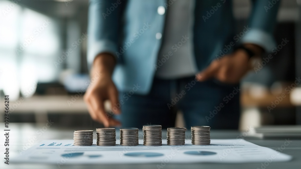 Poster person analyzing financial data with stacks of coins on a graph.