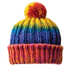 a rainbow knitted winter cap isolated on a white background
