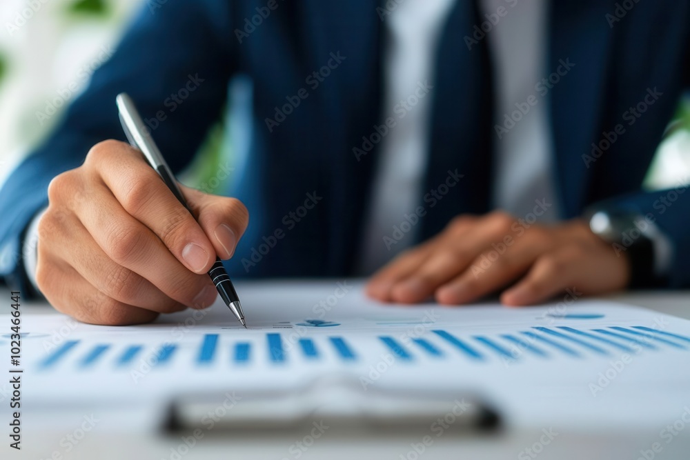 Poster professional hand analyzing data with graphs in office setting, focused work.