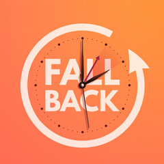 Daylight saving time ends. Fall back banner with realistic clock hands on orange background. Post design with text reminder of time change to one hour back for social networks. Vector illustration