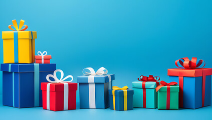 blue tin filled wrapped christmas gifts colorful background