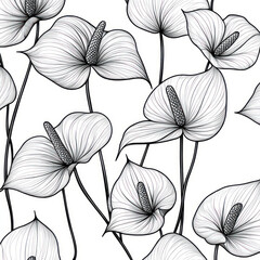 A Anthurium, line pattern, black and white artwork style. Coloring book, zoom out, isolated on solid white background