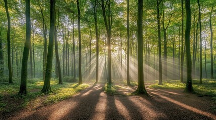 Obraz premium Sunlight beams through the trees in a lush green forest, casting long shadows on the forest floor.