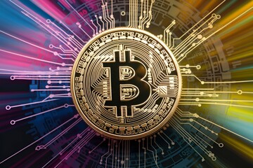 A coin with the letter B on it is surrounded by a colorful background. The coin is the main focus of the image, and the background is a mix of different colors and shapes
