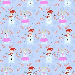 Funny snowmen seamless pattern for Christmas design on blue background