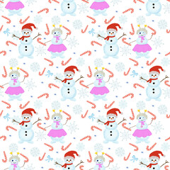 Seamless pattern on a winter theme with snowmen and candies. Winter design, wallpaper, packaging, fabric, screensaver