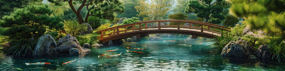 A serene image of a Japanese garden with a small wooden footbridge crossing over a koi pond.