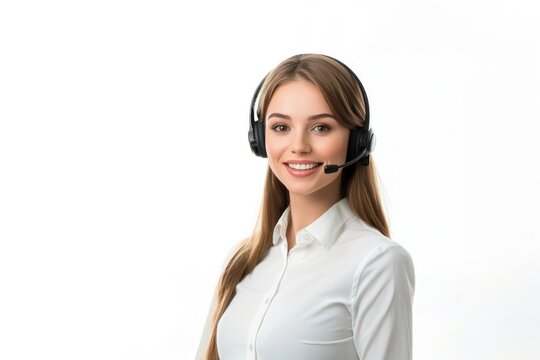 A caucasian woman call center agent headset background customer.