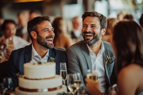 A candid moment of the grooms laughing together at the reception, with a blurred wedding cake and guests toasting in the background