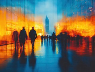 blurred silhouettes of office employees bustling through an illuminated blue and yellow business building, depicting a vibrant work environment filled with activity and energy