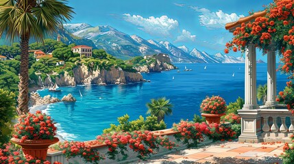Mediterranean Landscape with traditional romantic belvedere in a park with a garden, flowering beds, palms, island and the sea in the background. Handmade drawing vector illustration