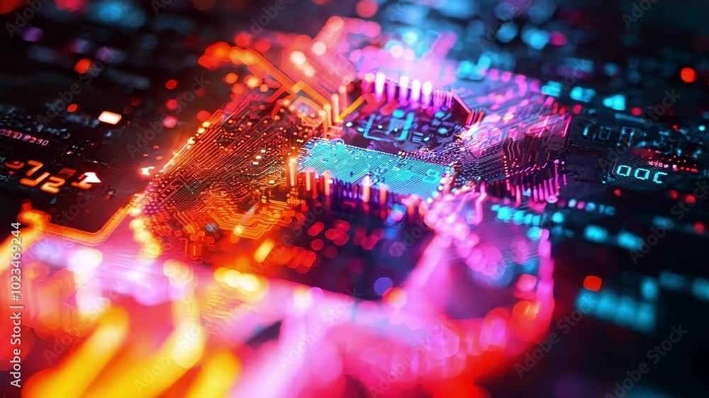 Aufkleber glowing orange and blue bitcoin symbol is emerging from a futuristic circuit board with data flowing