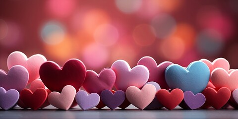 A vibrant collection of heart-shaped objects arranged in a row, showcasing a diverse range of colors and textures against a backdrop of blurred lights.
