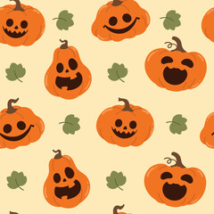 Happy Halloween day Jack o lantern seamless pattern. Spooky wallpaper of orange pumpkin in different spooky faces. Creepy jack o lantern illustration for fabric, tile, wrapping, poster, sticker.