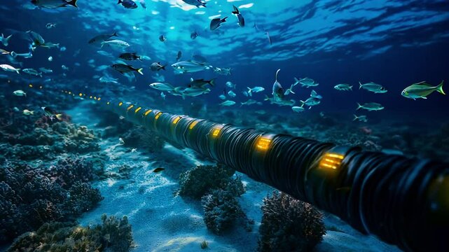 A lengthy underwater cable stretches across the ocean floor, teeming with diverse fish and coral in the background