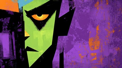 A stylized, colorful illustration of a character with a green face and striking features.