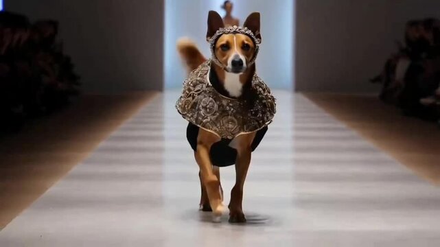 A dog confidently sashays down the fashion runway, exuding pride with every step