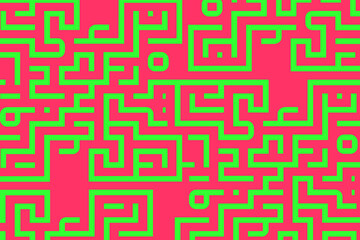 Abstract maze pattern in vivid green and pink colors showcasing complex lines and shapes