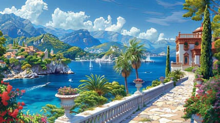 Mediterranean Landscape with traditional romantic belvedere in a park with a garden, flowering beds, palms, island and the sea in the background. Handmade drawing vector illustration