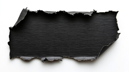 A single piece of black paper with torn edges on white background.