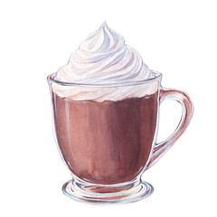Watercolor hot chocolate with whipped cream in a glass cup