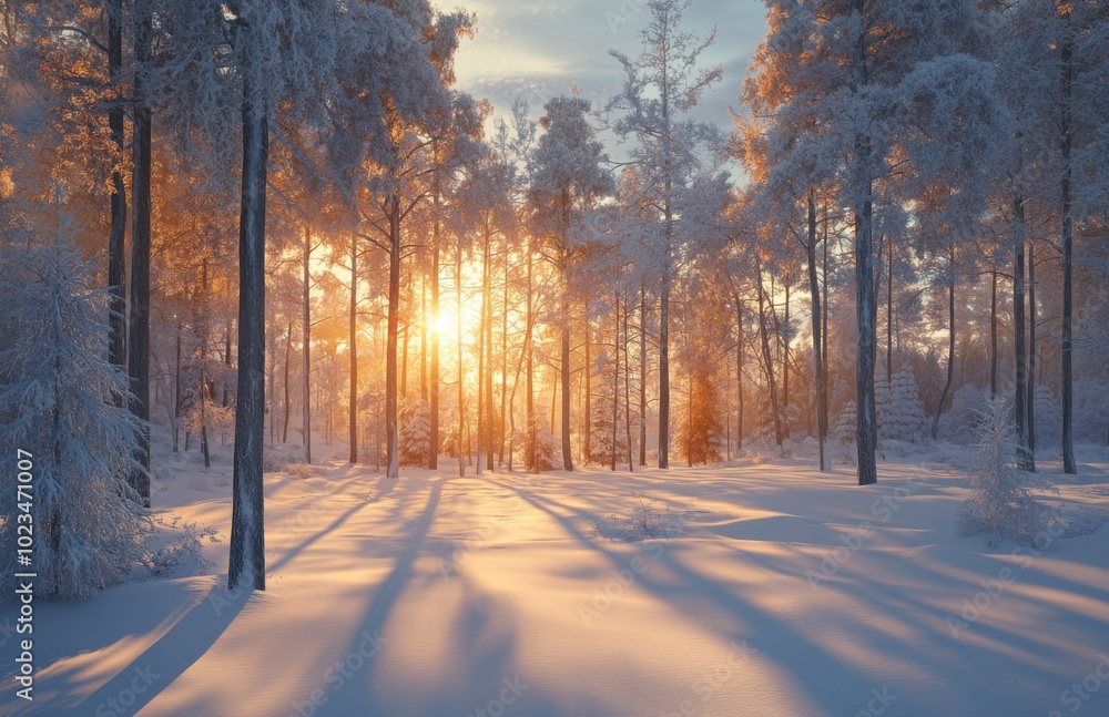 Poster beautiful winter forest with trees covered in snow, with the sun shining through them. the scene is 