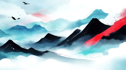 Abstract landscape with mountains, mist, and birds, conveying tranquility and nature's beauty.