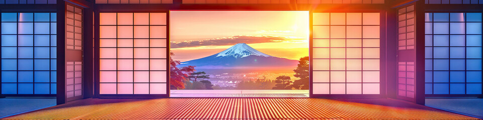 A vibrant image of a traditional Japanese tatami mat room with a view of Mt. Fuji through shoji paper sliding doors.
