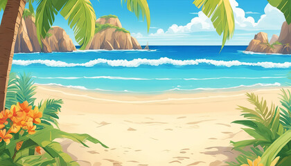 Obraz premium Palm trees on the sandy beach of a beautiful bay.
