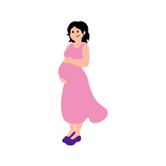Pregnant woman in a pink dress. Simple color vector illustration.
