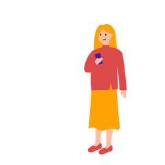 A cheerful girl holds a phone in her hand. Simple color vector illustration.