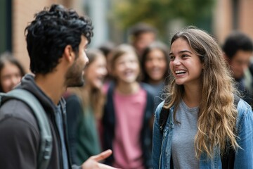Obraz premium A teacher talking to a distressed student in the foreground, with a blurred group of students laughing in the background, highlighting school bullying