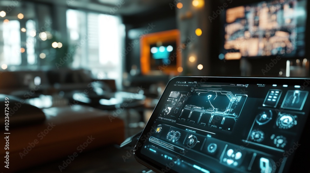 Poster a futuristic tablet displaying a high-tech interface in a stylish lounge setting.