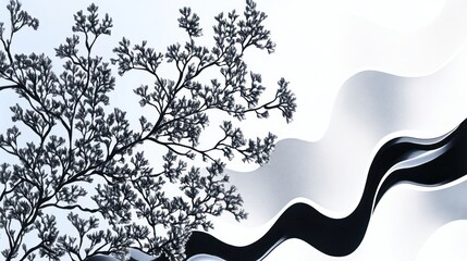 Abstract design featuring a black branch against a wavy, light background.