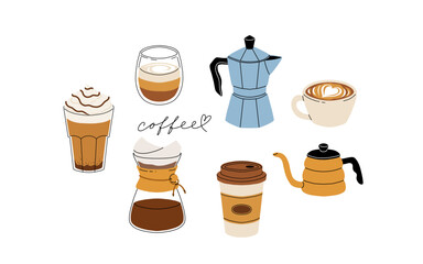 Set of coffee accessories and brewing methods. Coffee makers. French press, filter, turkish coffee, chemex, moka pot. Cafe equipment for morning energy hot drinks, Flat cartoon vector set.