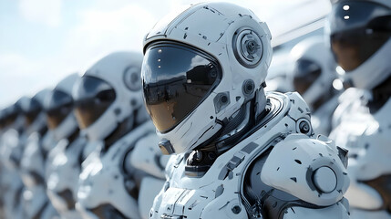 Fototapeta premium Futuristic Robot Soldiers in Formation 3D Illustration