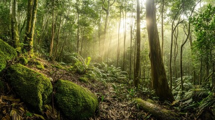 Obraz premium Sunlight streams through the dense canopy of a lush, green rainforest, illuminating a mossy path winding through the trees.