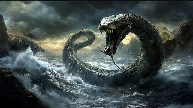 Jörmungandr sea snake illustration, nordic mythology, the monster serpent that destroyed the world at ragnarok