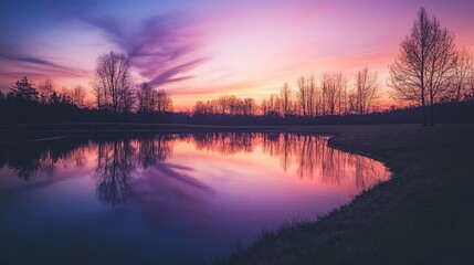 Obraz premium A vibrant sunset casts a purple and orange glow over a still lake, with bare trees silhouetted against the sky.