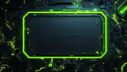 Fototapeta premium Futuristic Green Neon Frame on Dark Circuit Board Background